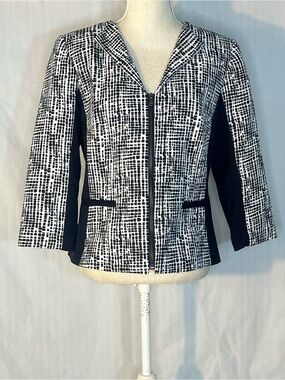 isabella Suits Jacket Navy Blue & White Abstract Print Zipper Front Lined 10 👍
